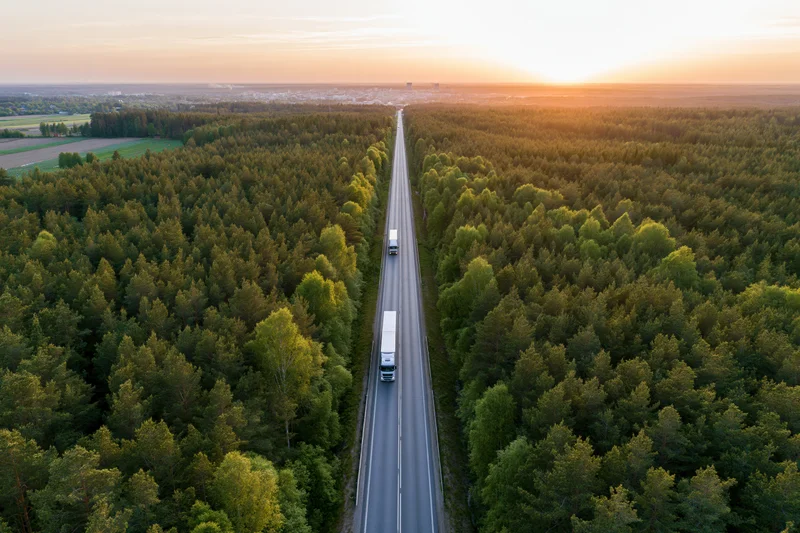 Aerial view of trucks driving on a straight highway through dense forest at sunset