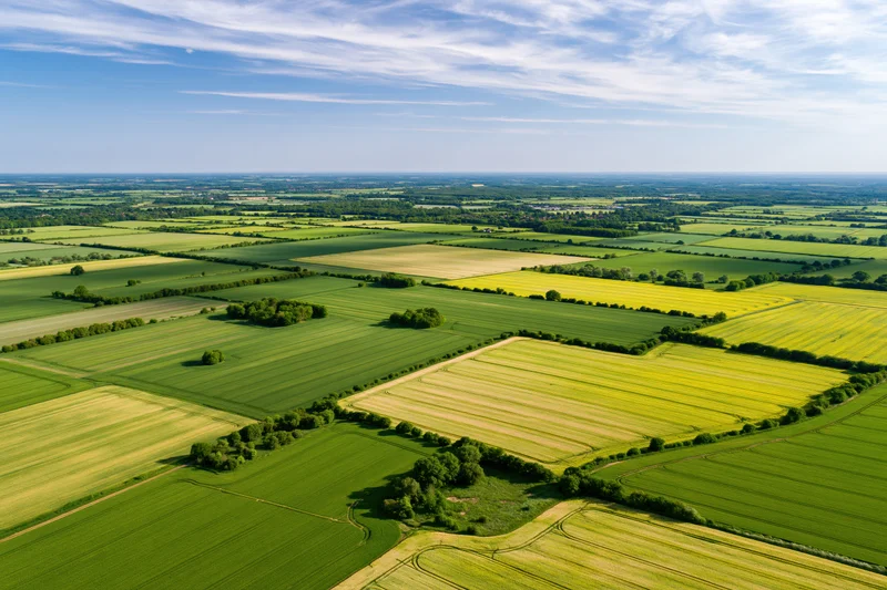 Aerial view of patchwork farmland with green and yellow crops under a blue sky