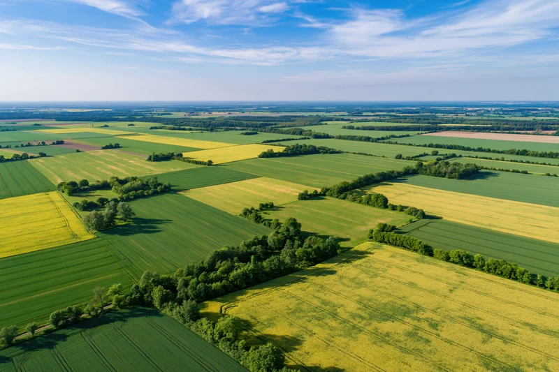 Aerial view of patchwork farmland with green and yellow crops under blue sky