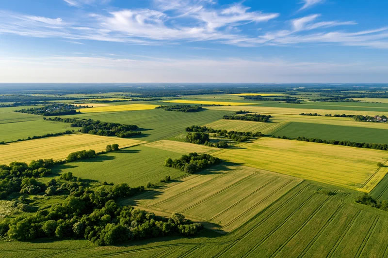 Aerial view of patchwork farmland with green and yellow crops under a blue sky