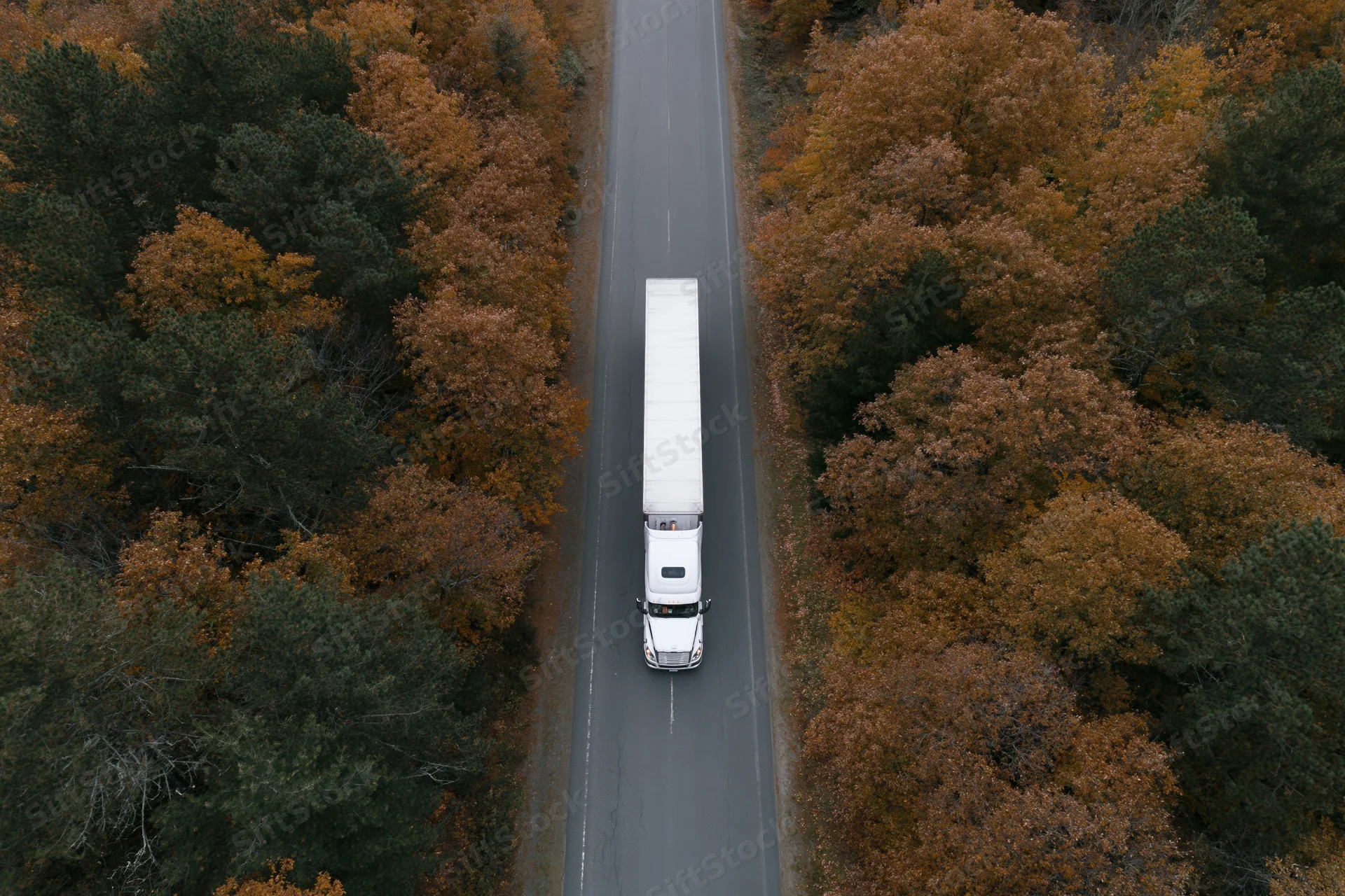 White semi-truck driving down a straight road through autumn forest from overhead drone view
