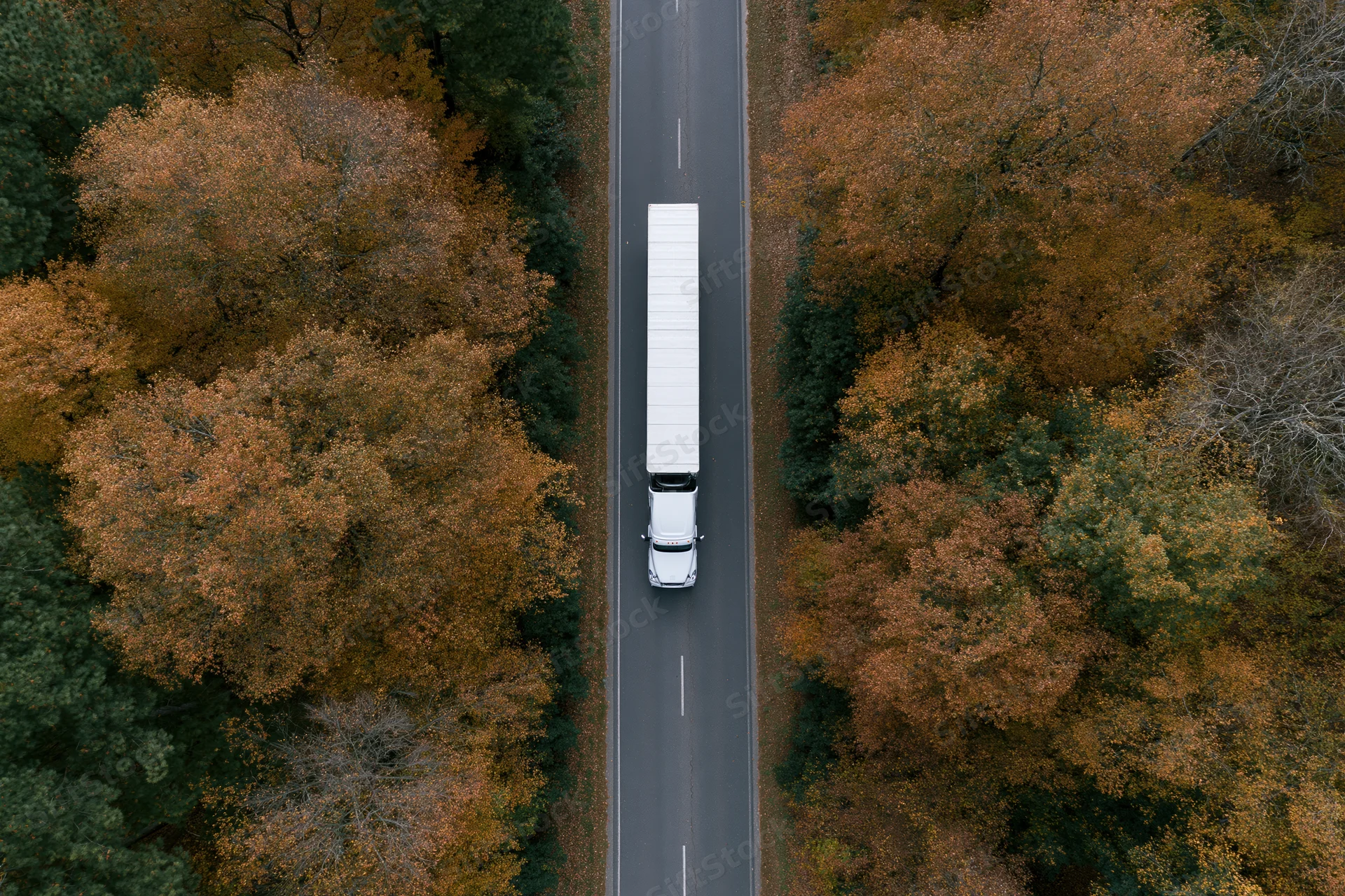 White semi-truck driving on a straight road through an autumn forest from above