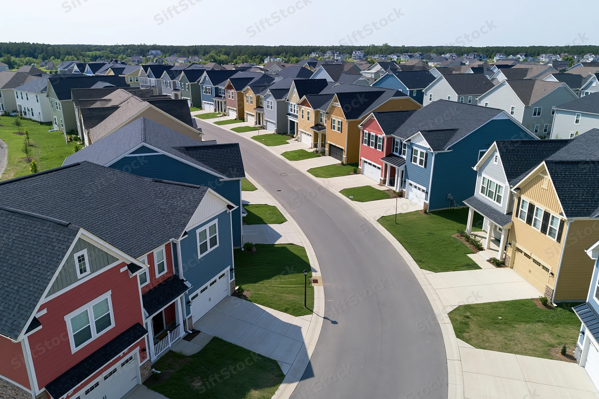 Aerial view of a newly built suburban neighborhood with colorful houses lining a curving street