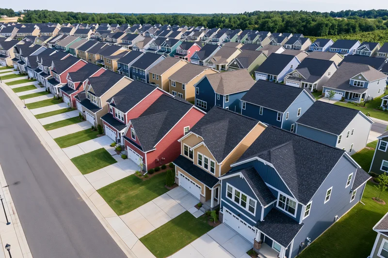 Aerial view of newly built suburban homes arranged in rows along a street with lawns and driveways