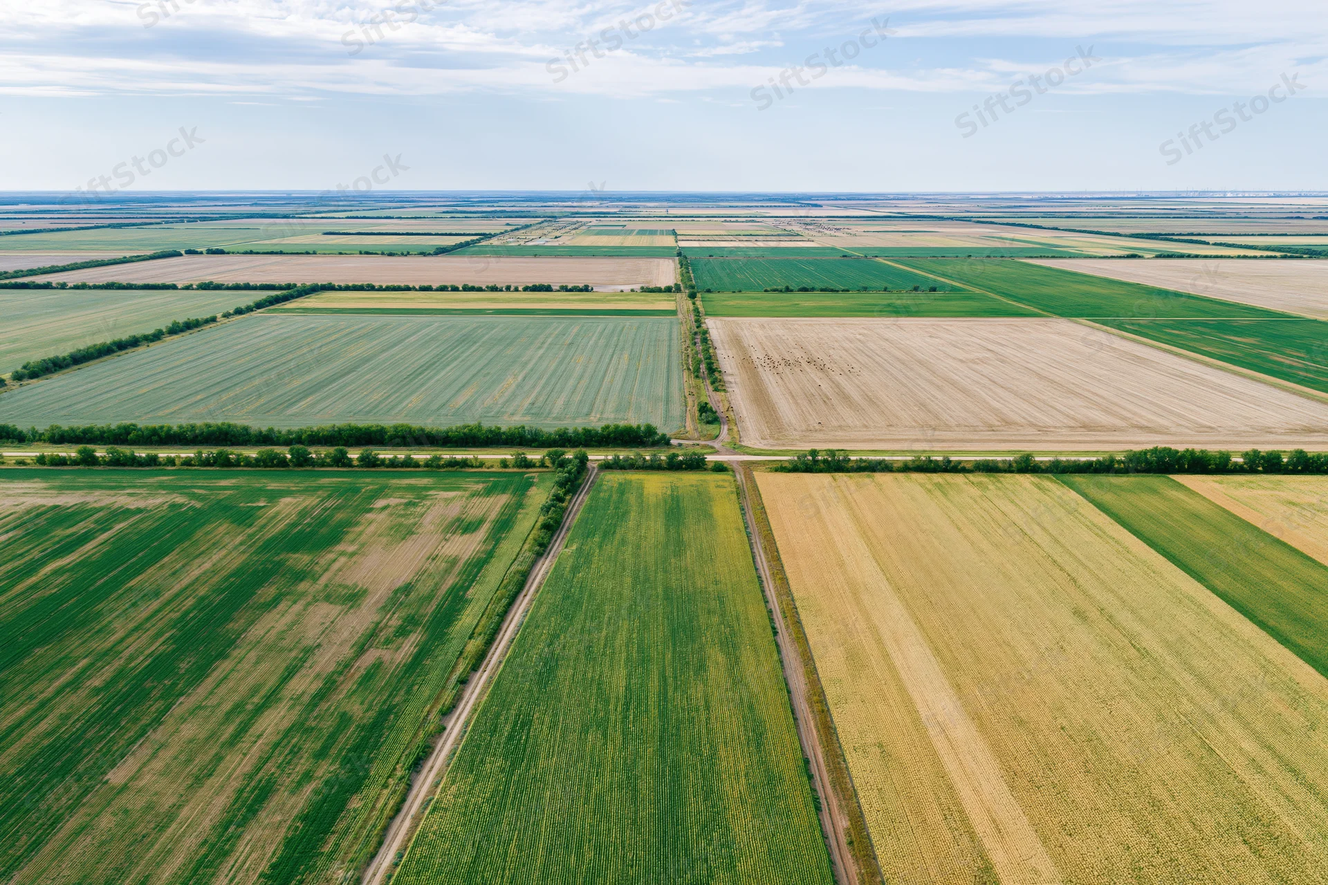 Aerial view of patchwork farmland with green and golden crops arranged in grid pattern under partly cloudy sky