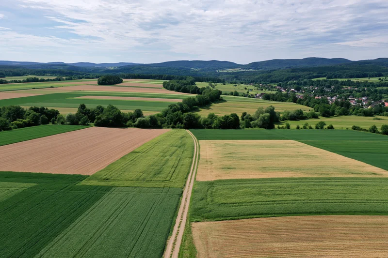 Aerial drone view of patchwork farmland with green and brown fields, trees, and distant village under partly cloudy sky