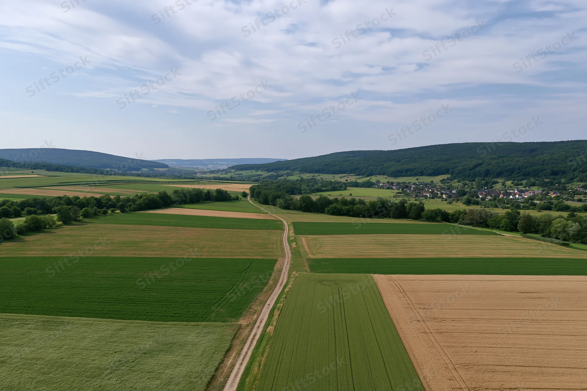 Aerial drone view of patchwork farmland with green and brown fields, dirt path, trees, hills, and village in the distance