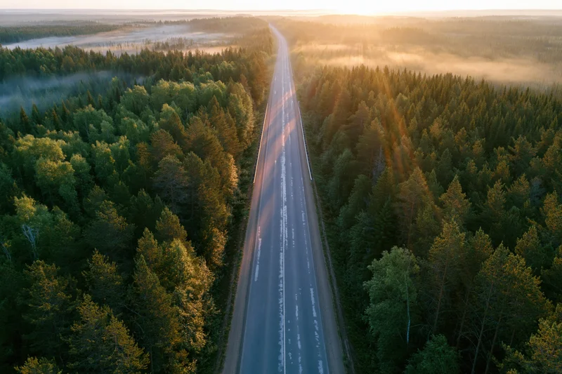 Aerial view of a straight two-lane asphalt road cutting through a dense forest at sunrise, surrounded by fog and golden light