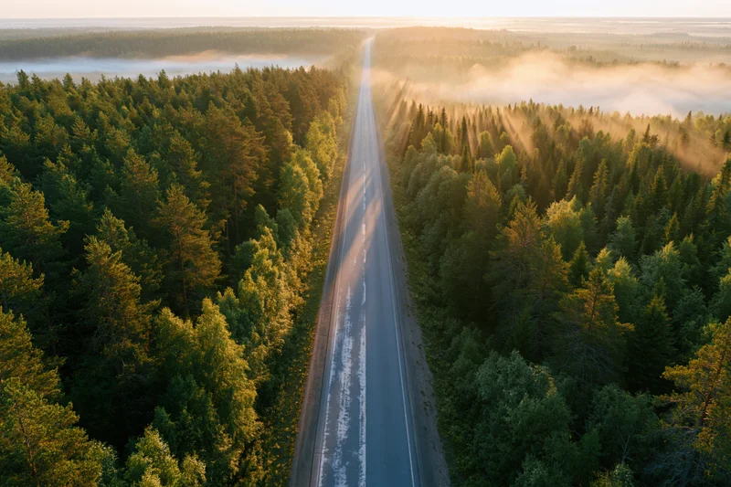 Aerial view of a straight two-lane road cutting through a dense pine forest at sunrise with fog and sunbeams