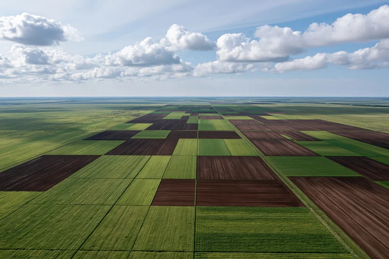 Aerial drone view of vast farmland with green and brown crop fields in grid pattern under blue sky with clouds