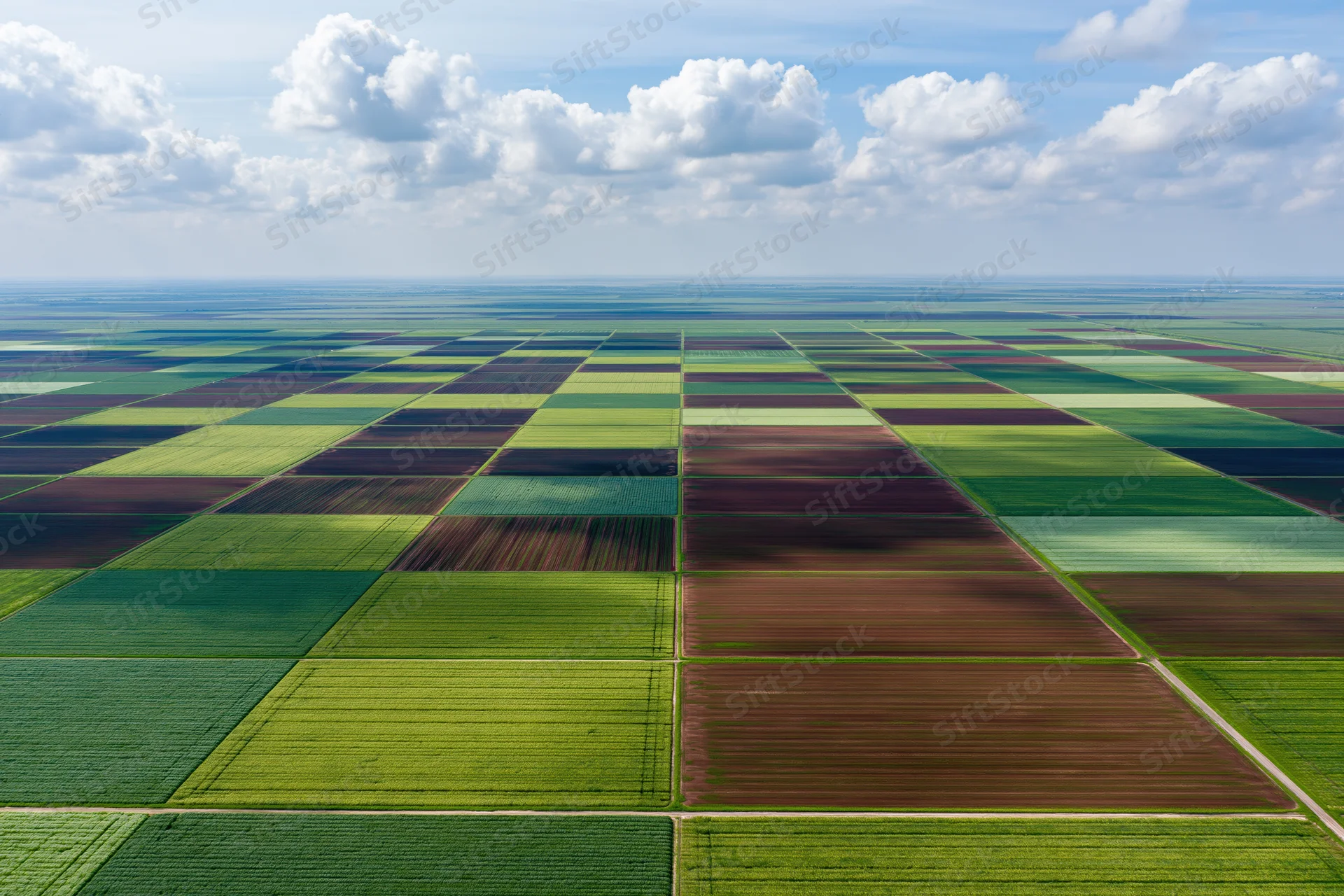 Aerial drone view of vast farmland with grid of green and brown fields under blue sky with clouds