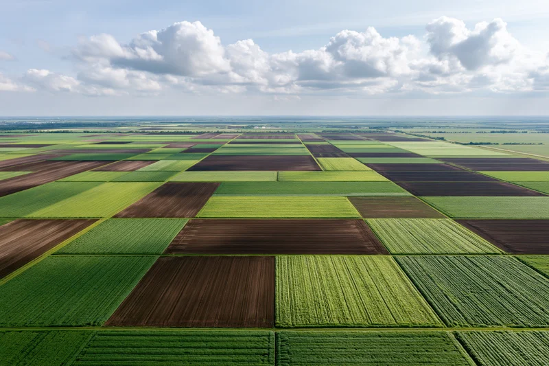 Aerial drone view of vast farmland with green and brown crop fields arranged in a grid pattern under a cloudy sky