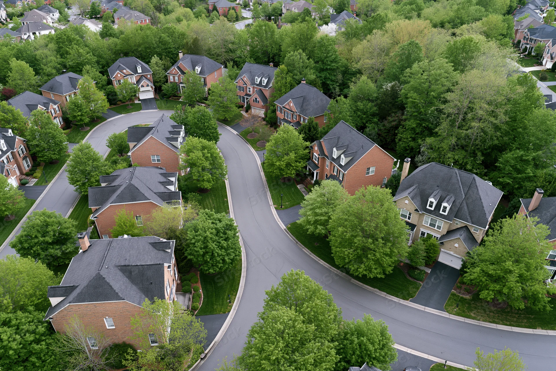 Aerial view of a curving street lined with brick houses and green trees in an upscale suburban neighborhood