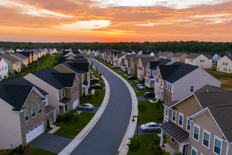 Aerial view of a new suburban residential development with curved streets and single-family homes at sunset