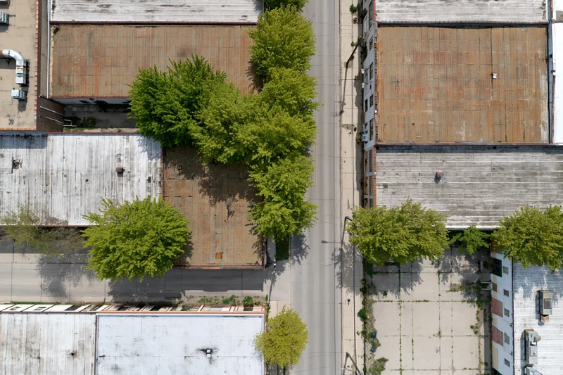 Aerial top-down view of aging industrial buildings and trees along a city street