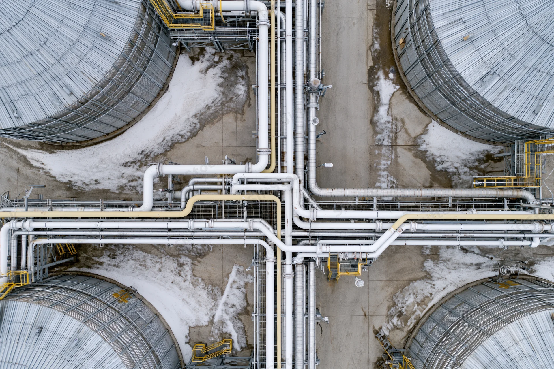 Aerial top-down view of industrial storage tanks and pipelines on snowy ground