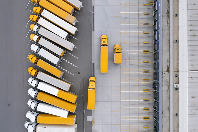 Aerial top-down view of yellow and white trucks parked at loading docks in a logistics warehouse