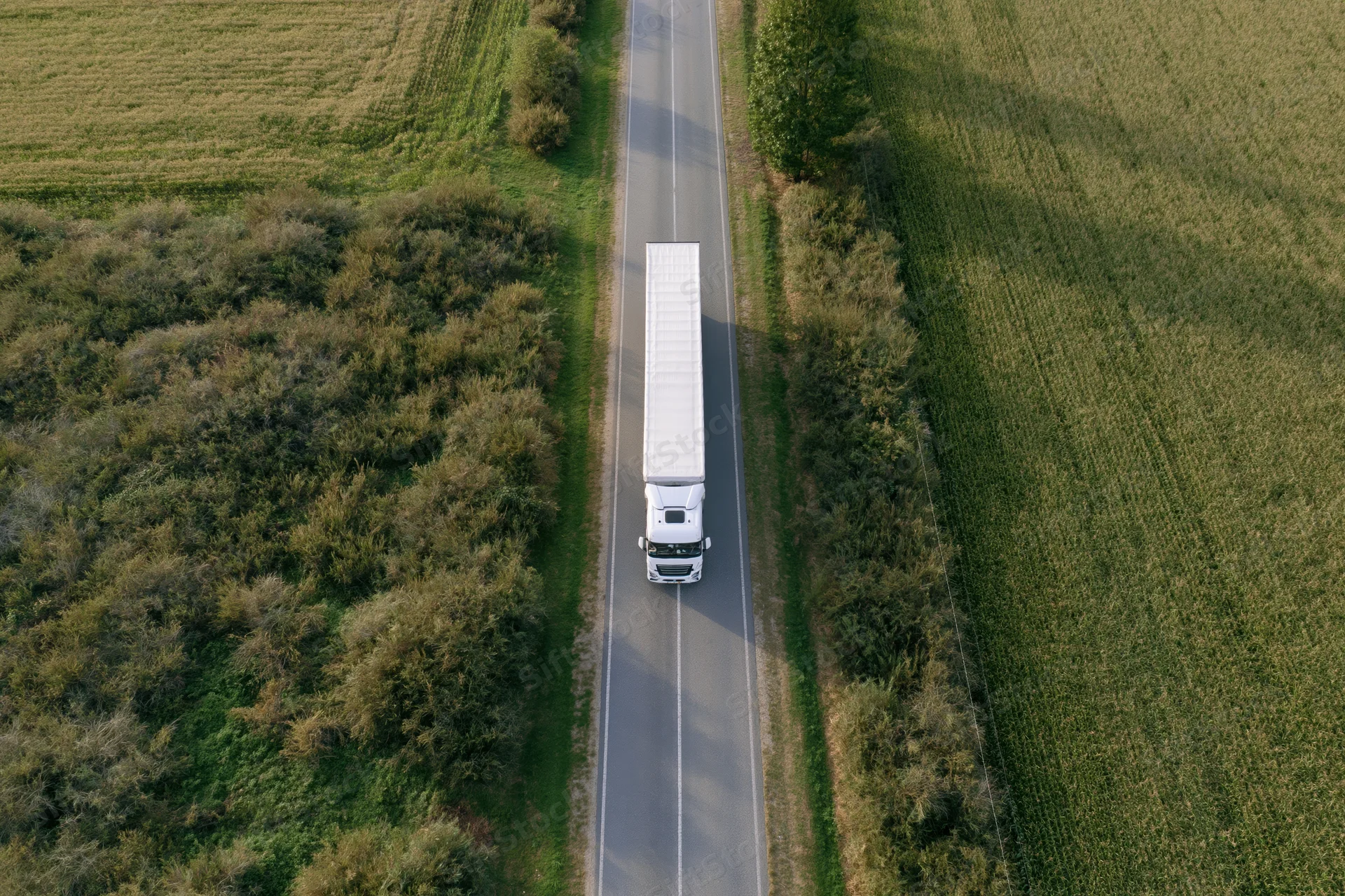 White semi truck driving on a rural highway surrounded by green fields and farmland