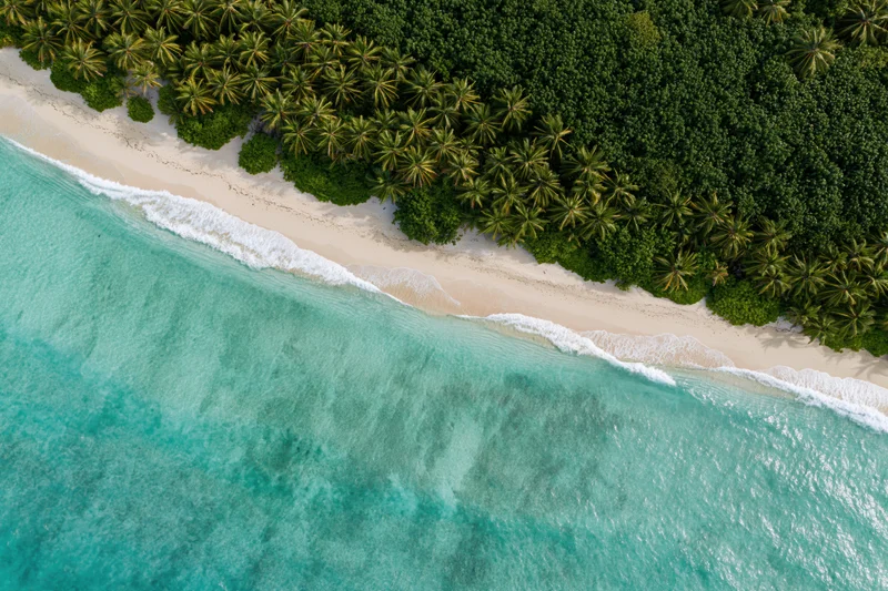 Aerial top-down view of tropical island shoreline with palm trees, white sand and turquoise ocean waves