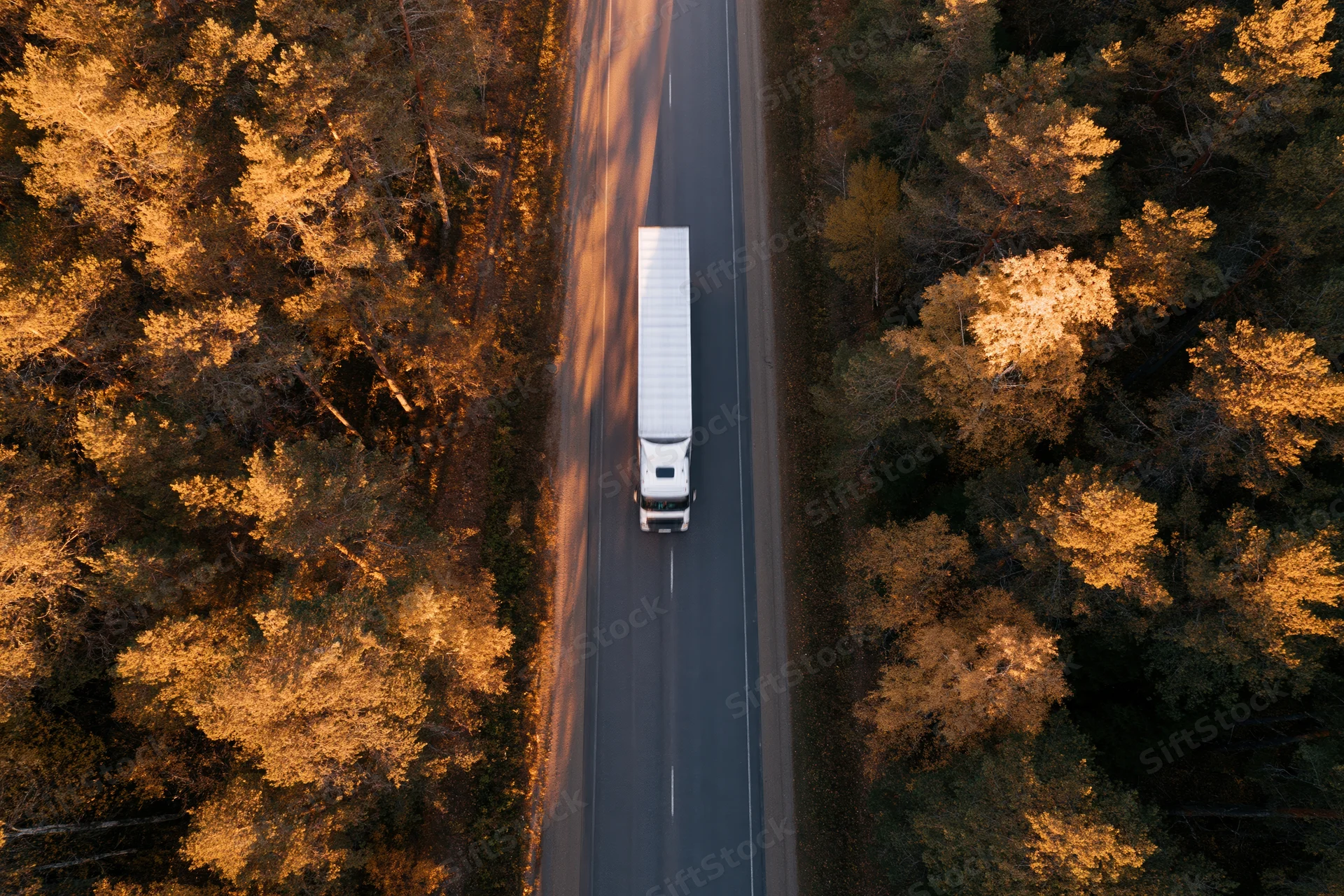 White semi-truck with trailer driving on highway through autumn forest from aerial top-down view