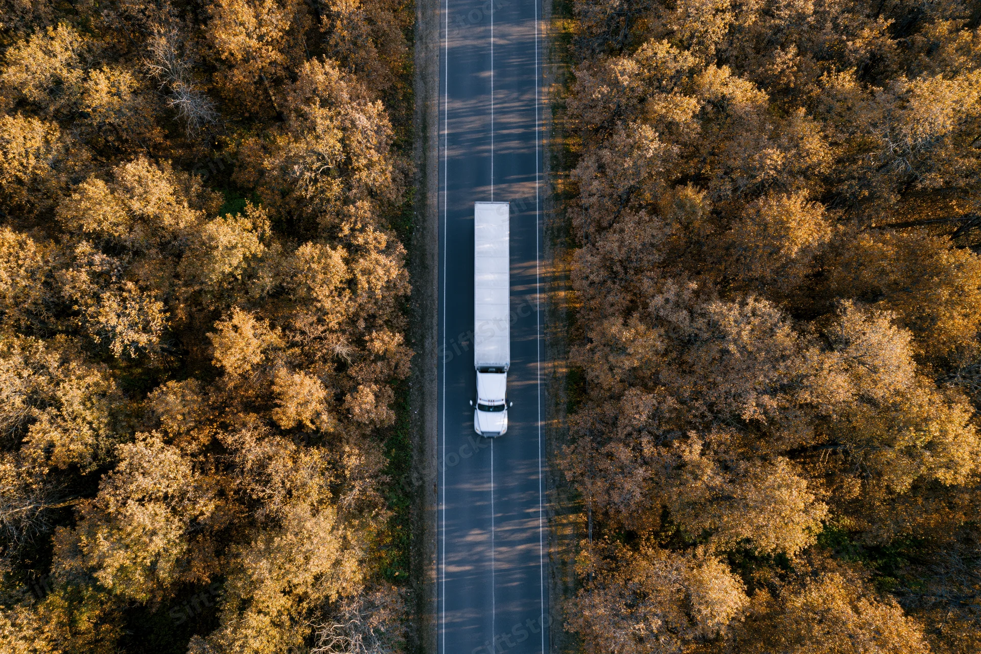 White semi-truck with trailer driving on a two-lane highway through an autumn forest viewed from above