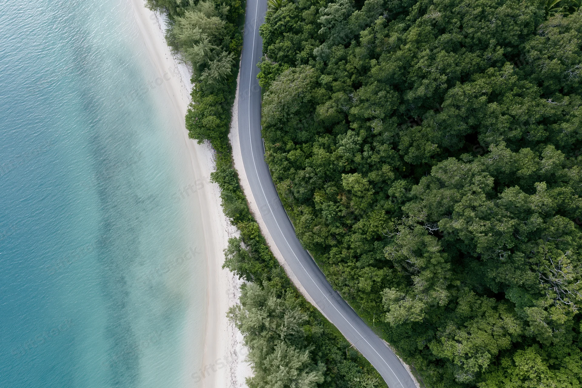 Winding coastal road bordered by white sand beach and dense green forest from above