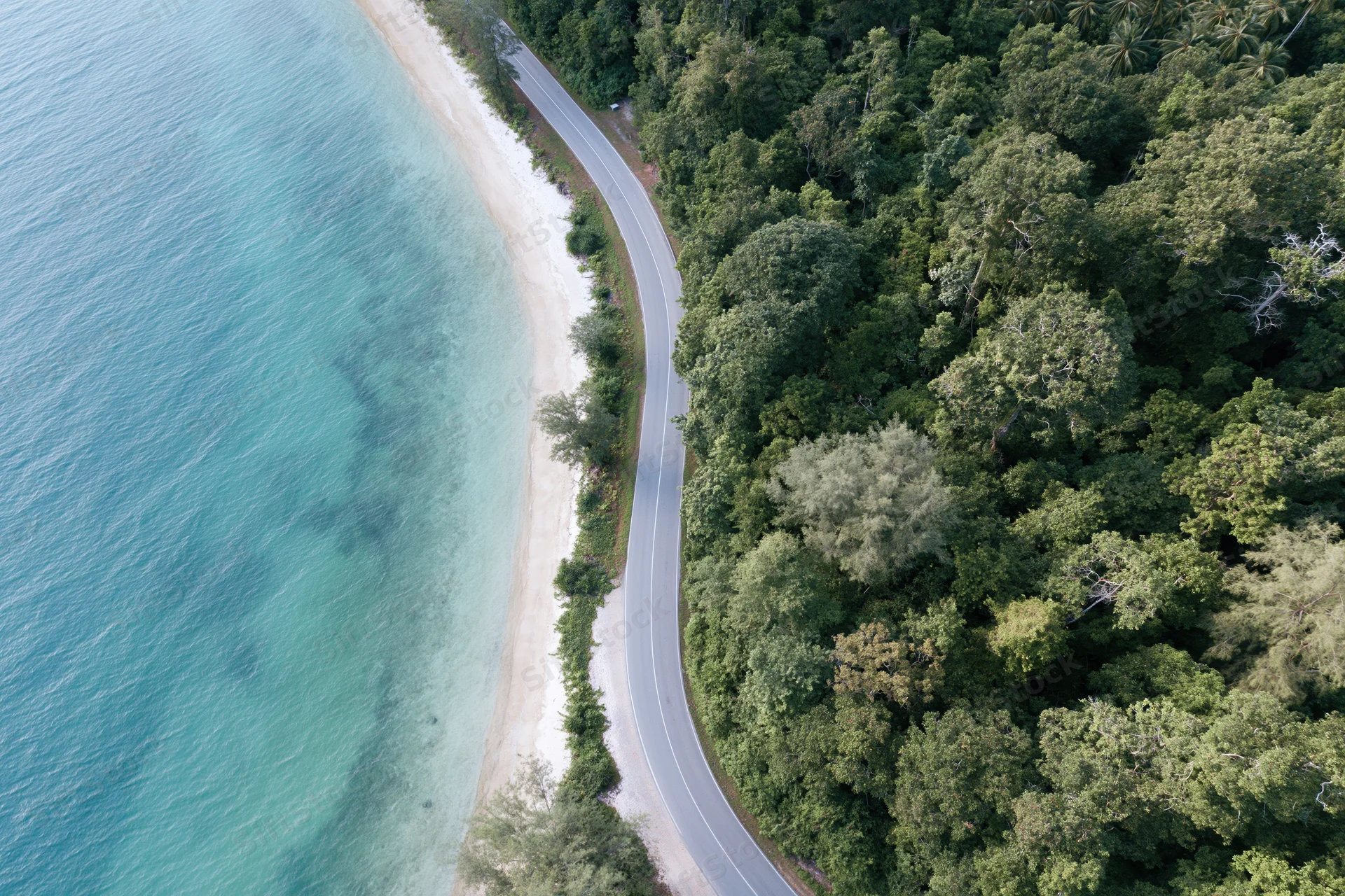 Aerial top-down view of a winding coastal road between a white sandy beach and a dense green forest bordering turquoise ocean water