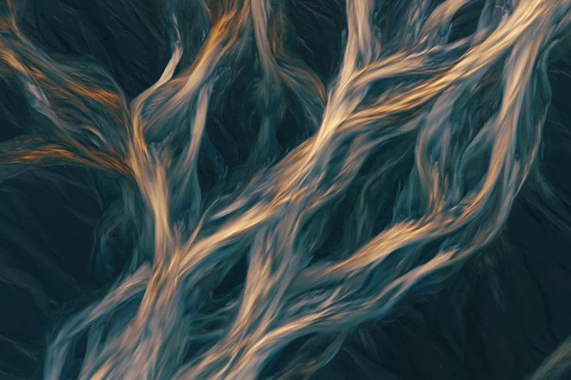 Aerial top-down view of a braided glacial river delta in iceland