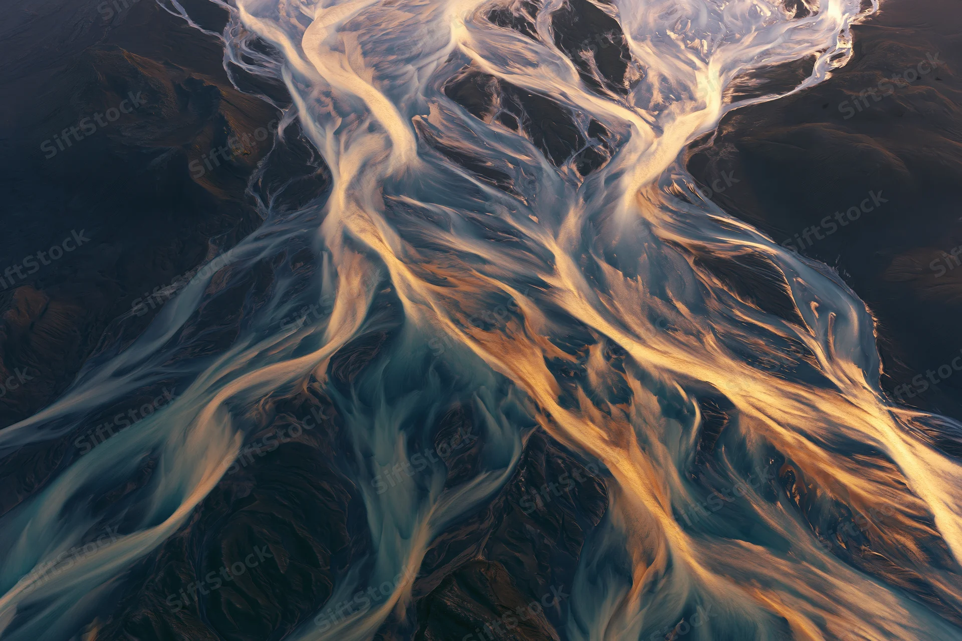 Aerial top-down view of a braided glacial river delta in iceland