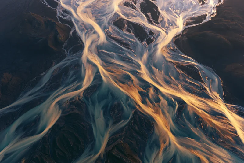Aerial top-down view of a braided glacial river delta in iceland