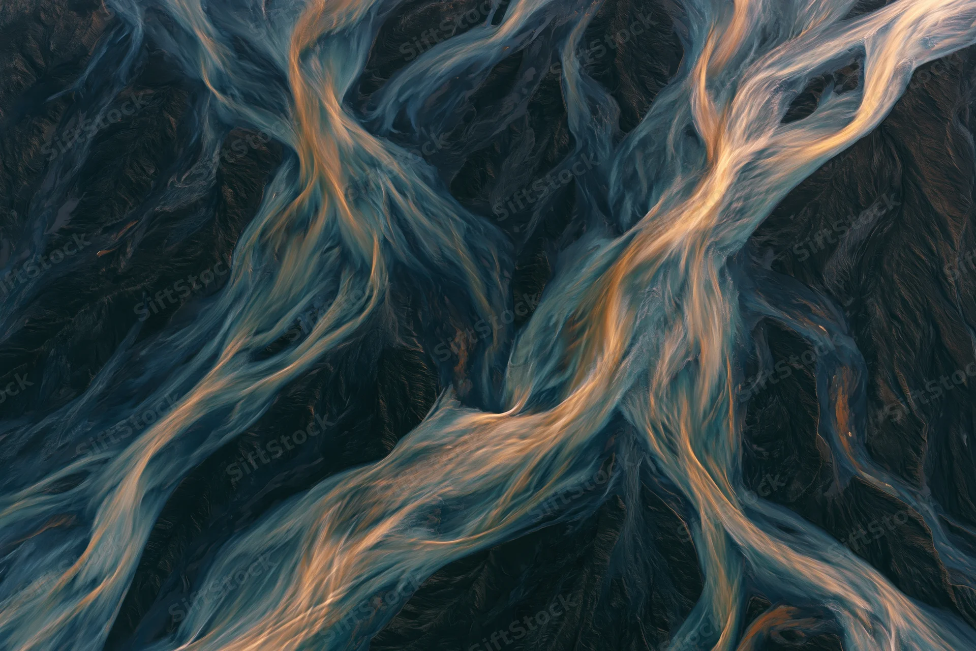 Aerial top-down view of a braided glacial river delta in iceland