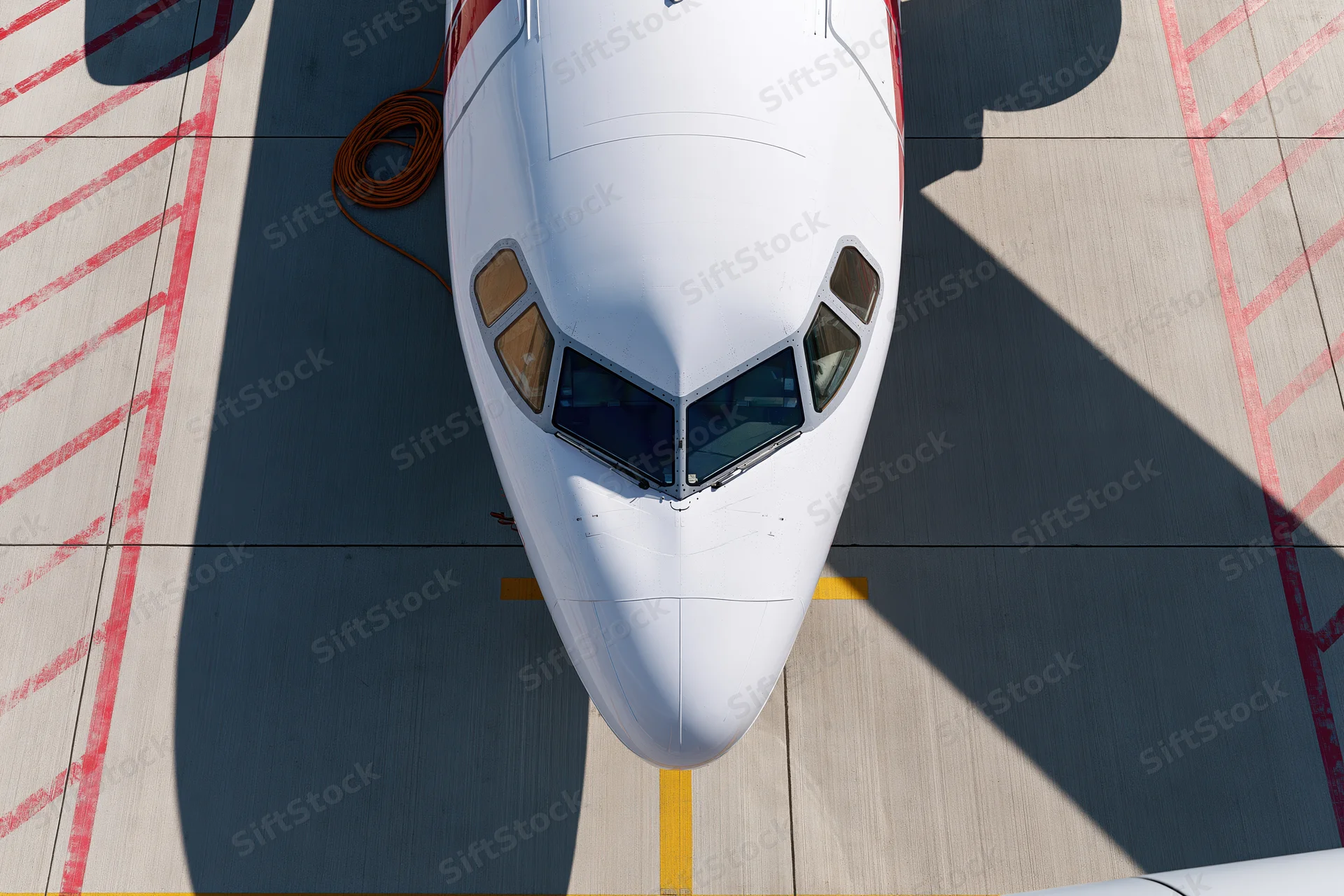Top-down view of commercial airplane nose and cockpit on airport tarmac
