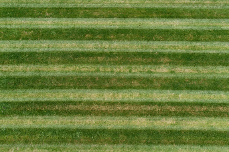 Aerial top-down view of a striped mowed grass sports field