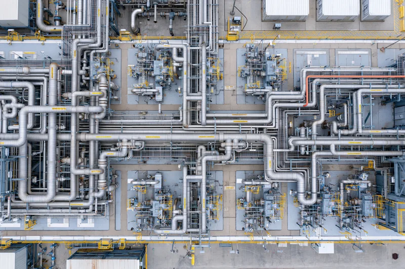 Aerial top-down view of industrial power plant rooftop with network of pipes and machinery