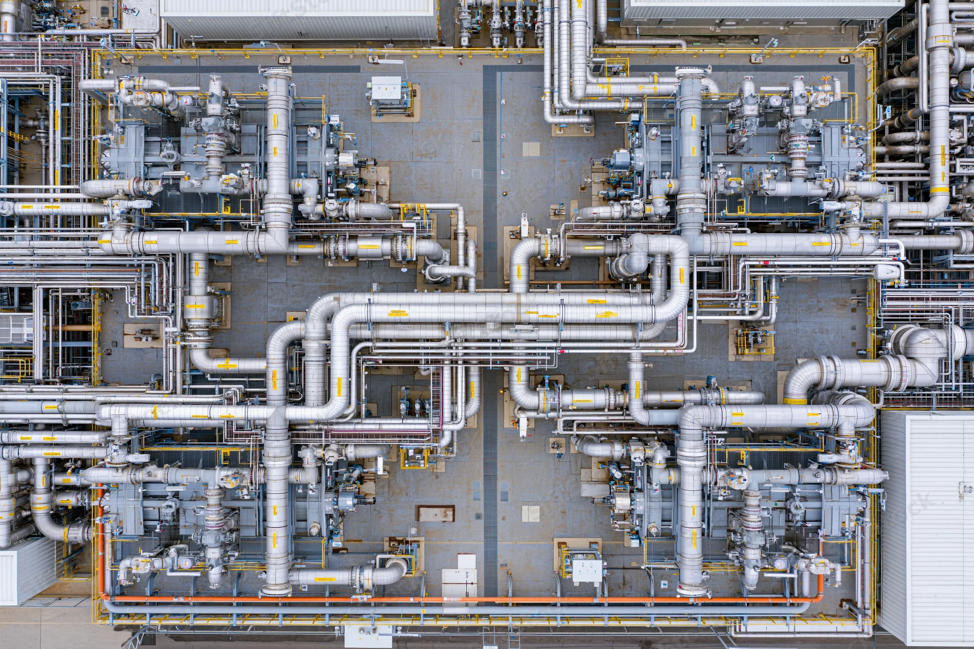Aerial top-down view of industrial power plant rooftop with network of pipes and machinery