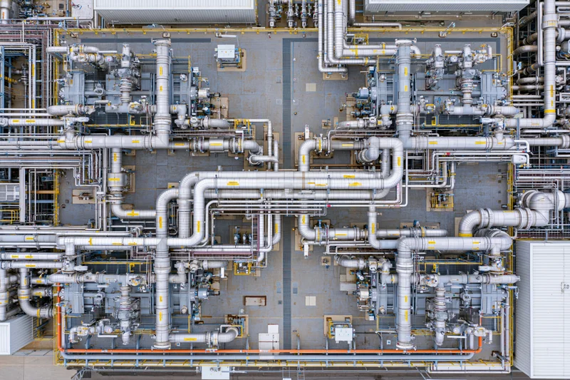 Aerial top-down view of industrial power plant rooftop with network of pipes and machinery