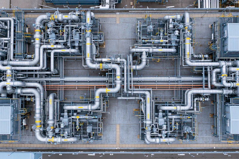 Aerial top-down view of industrial power plant rooftop with network of metal pipes and machinery