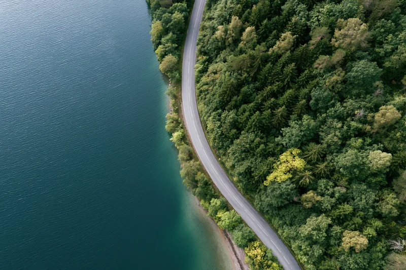 Aerial view of a winding road curving along a forested shoreline beside a calm lake