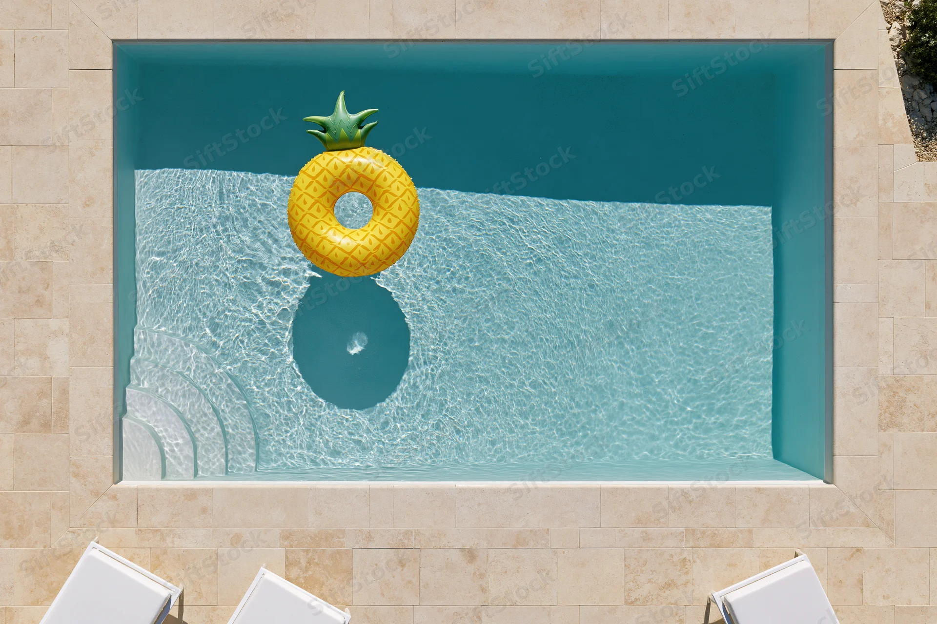 Aerial top-down view of a rectangular outdoor swimming pool with a pineapple-shaped inflatable float floating in clear turquoise water, surrounded by beige tiled deck and white sun loungers
