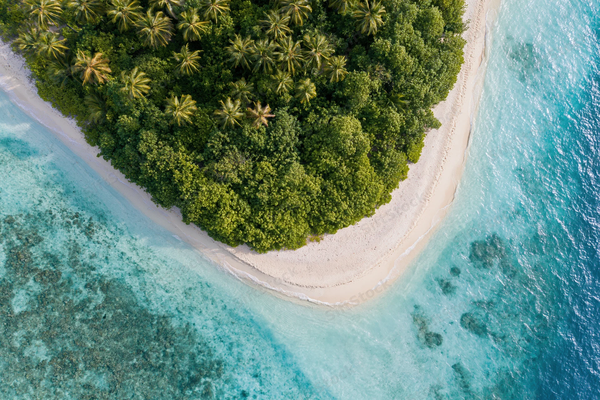 Aerial top-down view of a tropical island peninsula with dense green vegetation, white sand beach, and turquoise ocean water