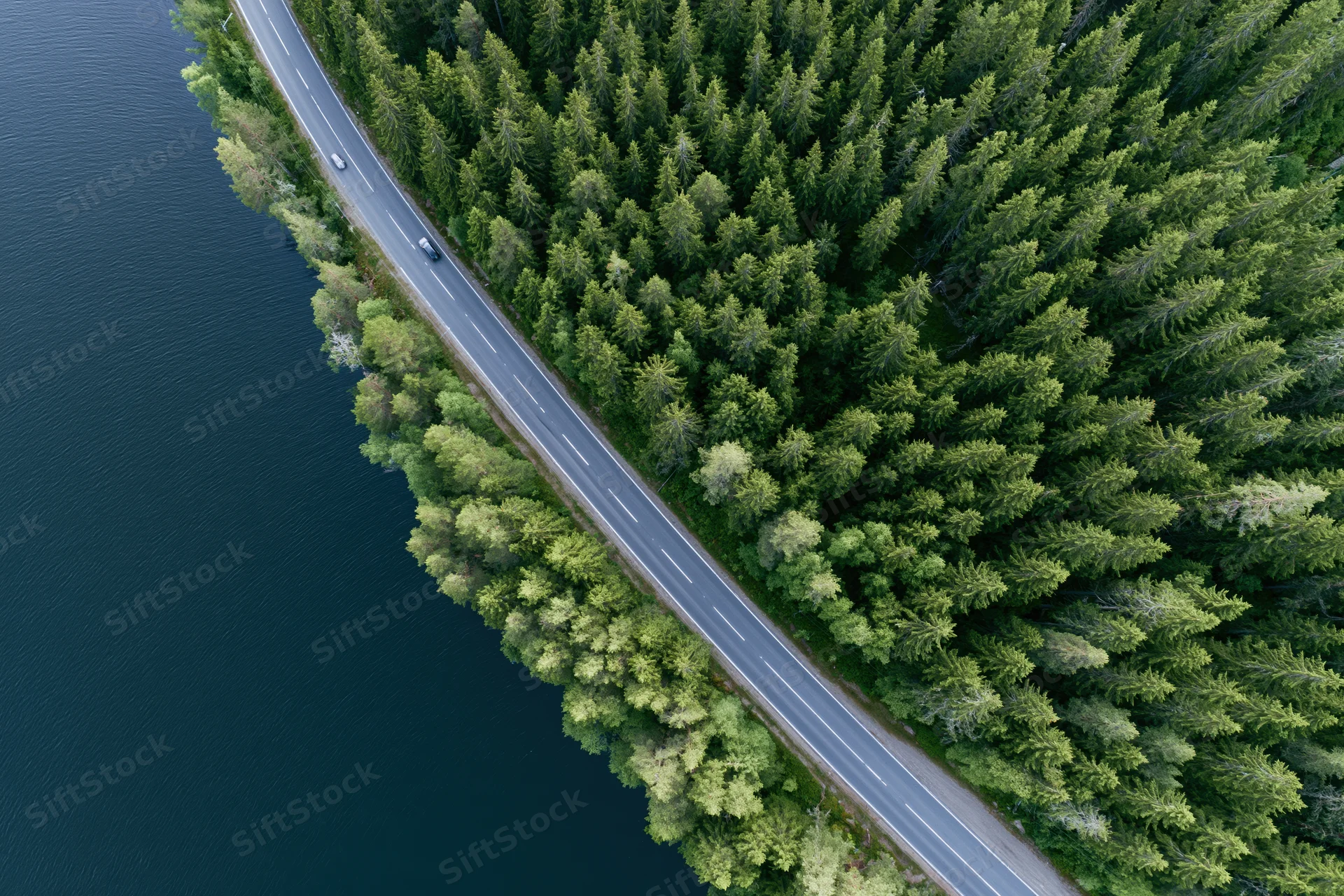 Aerial view of a two-lane road running along a forested shoreline beside a dark lake