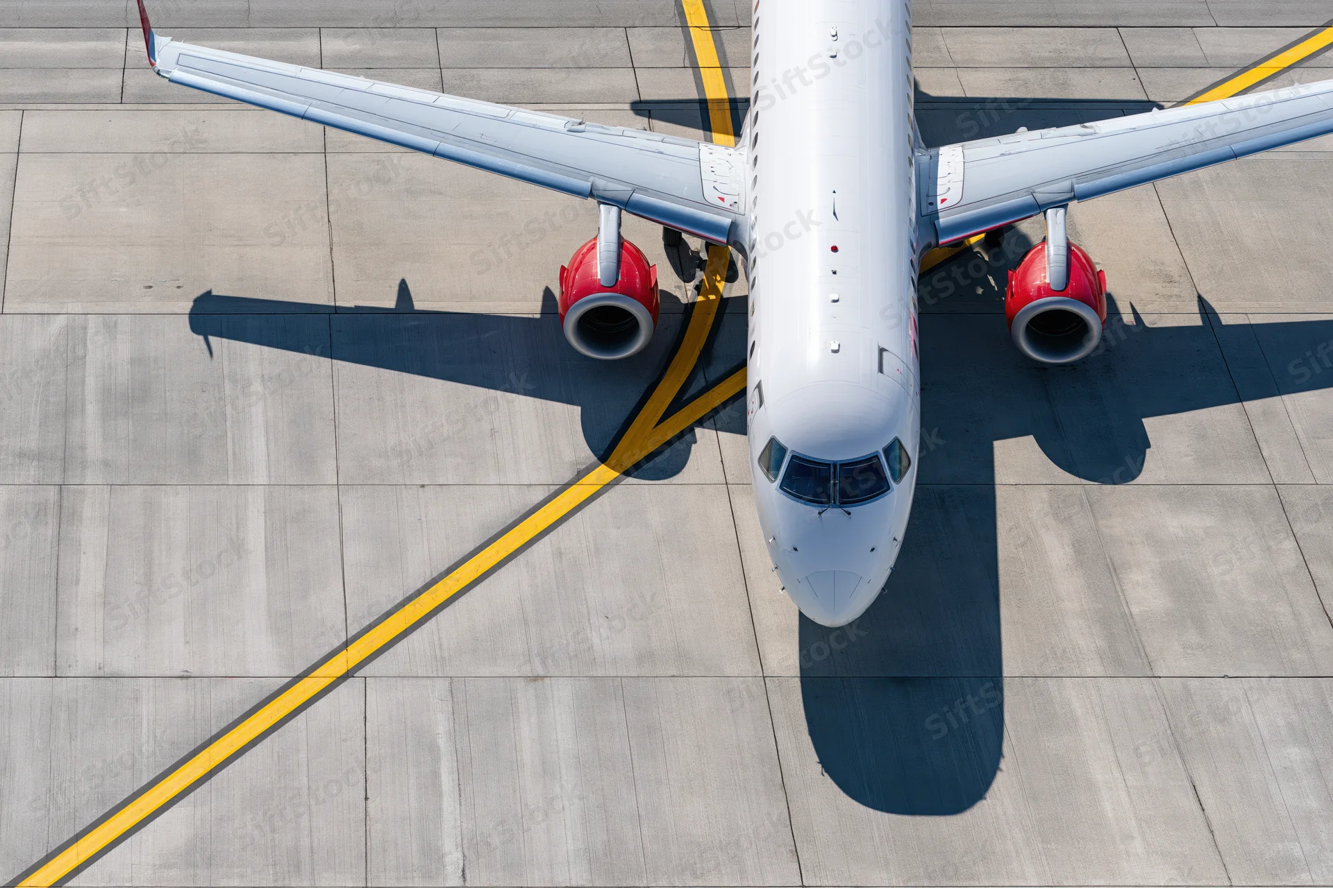 White commercial passenger jet viewed from above on airport tarmac with yellow taxiway lines