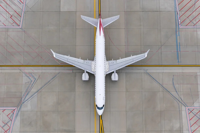 White commercial passenger jet viewed from above on airport tarmac with painted ground markings