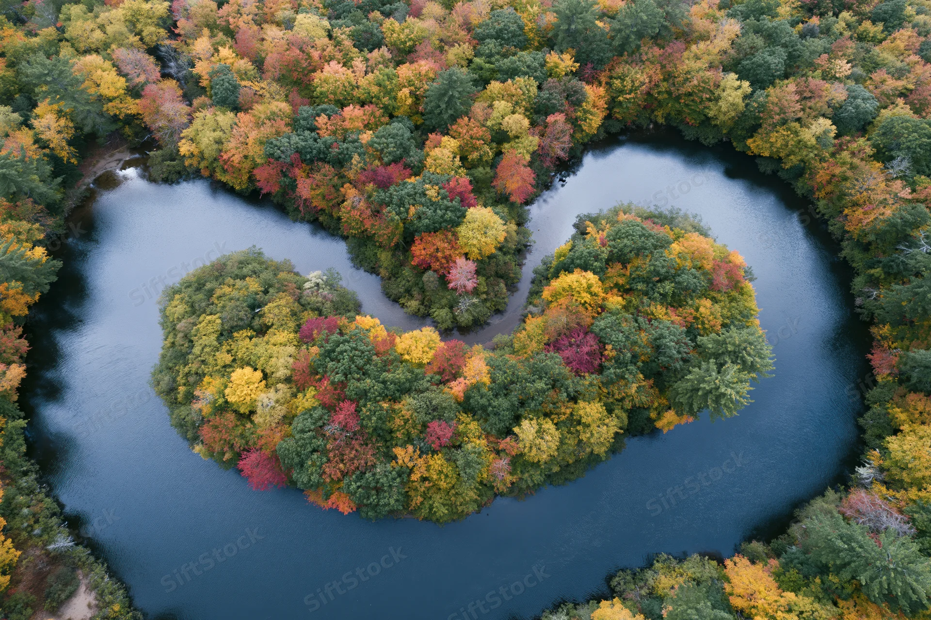 Aerial top-down view of a river winding around a forested island shaped like a heart in autumn foliage