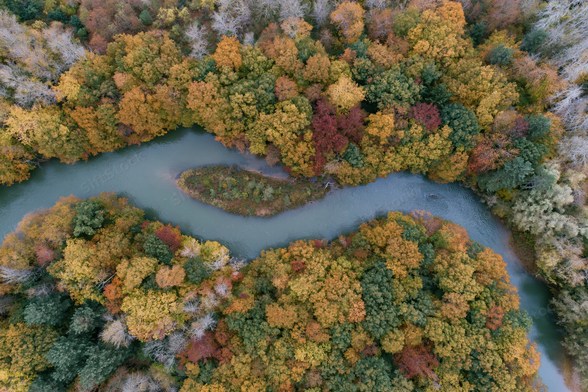 Aerial view of a winding river flowing through a dense autumn forest with colorful foliage
