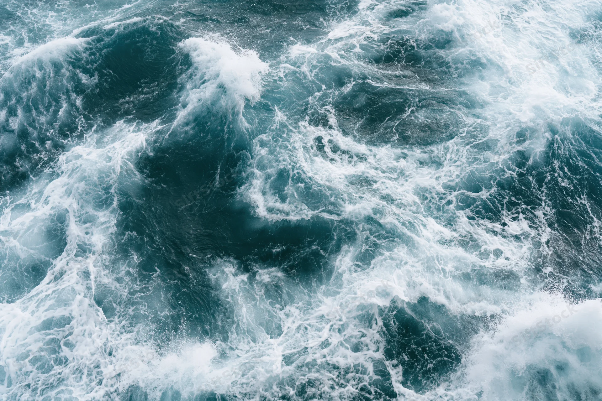 Top-down view of churning deep ocean waves with white foam and swirling currents