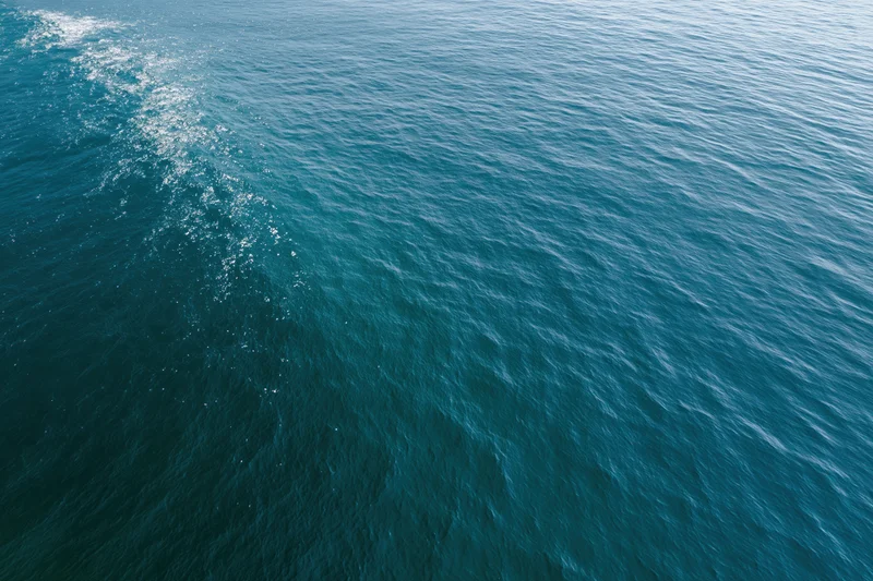 Aerial top-down view of open ocean surface with gentle ripple and sunlight reflection