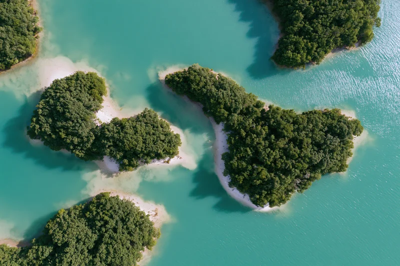 Aerial top-down view of scattered small forested islands in turquoise water with white sand beaches