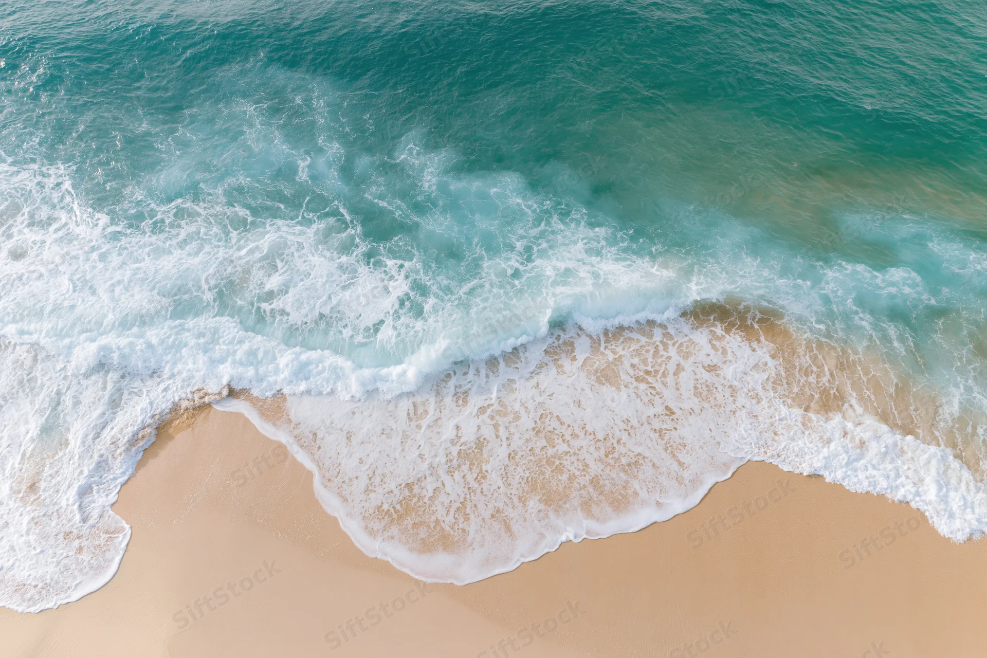 Aerial top-down view of ocean waves washing onto sandy beach