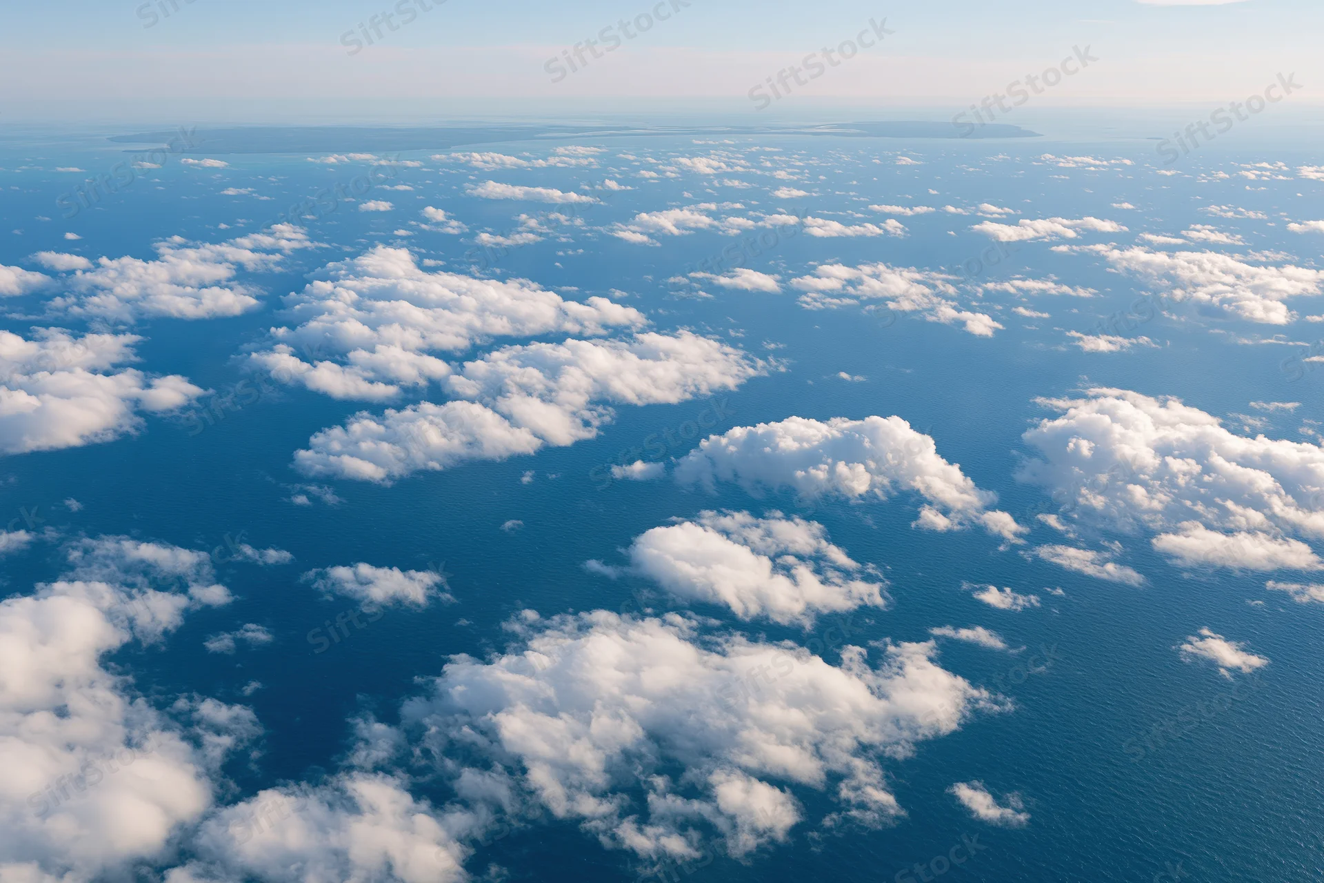Aerial view of scattered white clouds over deep blue ocean with distant coastline on horizon